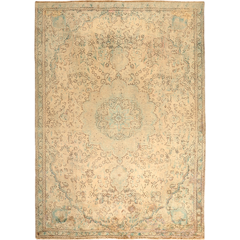 Tabriz Persian Rug 10x7 ft - Semi Antique Medallion Toranj, Shah Abbasi Cream, Sage Green, Camel Hand Knotted | front view | SKU 111914