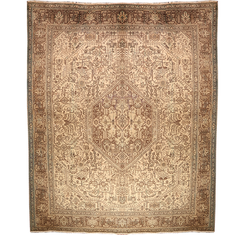 Azarshahr Persian Rug 12x9 ft - Semi Antique Medallion Toranj, Shah Abbasi Cream, Camel, Brown Hand Knotted | front view | SKU 111915