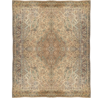 Tabriz Persian Rug 13x9 ft - Semi Antique Medallion (Toranj), Shah Abbasi Cream, Camel, Taupe Hand Knotted | front view | SKU 111916