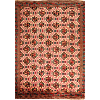 Turkmen Persian Rug 12x8 ft - Semi Antique Geometric, Turkmen Gul Madder Red, Crimson, Navy Blue Hand Knotted | front view | SKU 111919