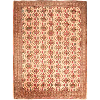 Turkmen Persian Rug 12x9 ft - Semi Antique Vaghireh Geometric Cream, Brick Red, Rust Red Hand Knotted | front view | SKU 111920