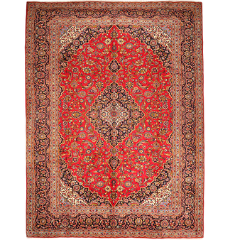 Kashan Persian Rug 13'0" x 9'9" - Semi Antique Medallion Crimson, Navy Blue Hand Knotted | front view | SKU 111922