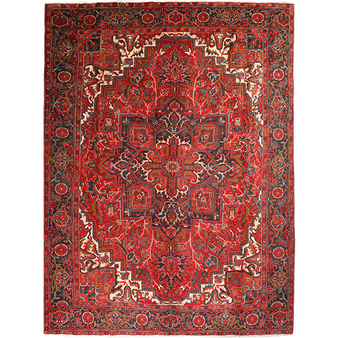 Heriz Persian Rug 10x8 ft - Semi Antique Medallion Red, Brown Hand Knotted | front view | SKU 111924