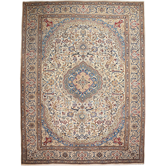 Nain Persian Rug 12'10" x 9'10" - Semi Antique Medallion Cream, Beige Hand Knotted | front view | SKU 111928