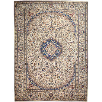 Nain Persian Rug 13'5" x 9'10" - Semi Antique Medallion Cream, Beige Hand Knotted | front view | SKU 111929