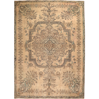 Tabriz Persian Rug 10x7 ft - Semi Antique Medallion (Toranj), Shah Abbasi Cream, Taupe, Brown Hand Knotted | front view | SKU 111931