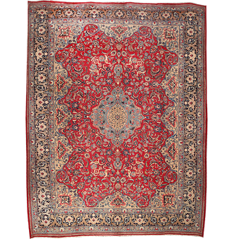 Kashmar Persian Rug 12'10" x 9'11" - Antique Afshan Crimson, Ivory Hand Knotted | front view | SKU 111933