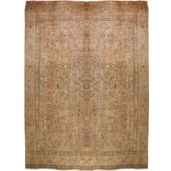 Tabriz Persian Rug 13x9 ft - Semi Antique Afshan All-Over, Shah Abbasi Camel, Cream, Sage Green Hand Knotted | front view | SKU 111935