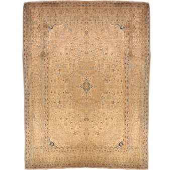 Sabzevar Persian Rug 13'2" x 9'7" - Semi Antique Medallion Crimson, Beige Hand Knotted | front view | SKU 111936