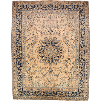 Sabzevar Persian Rug 12x9 ft - Semi Antique Medallion Crimson, Beige Hand Knotted | front view | SKU 111937