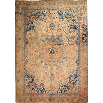 Sabzevar Persian Rug 12'0" x 8'6" - Semi Antique Medallion Crimson, Beige Hand Knotted | front view | SKU 111938
