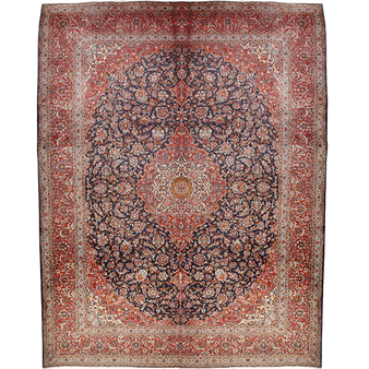 Kashan Persian Rug 13x9 ft - Semi Antique Shah Abbasi, Medallion (Toranj) Madder Red, Navy Blue, Cream Hand Knotted | front view | SKU 111943