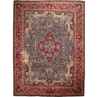 Kashmar Persian Rug 13'1" x 9'7" - Semi Antique Afshan Crimson, Ivory Hand Knotted | front view | SKU 111944