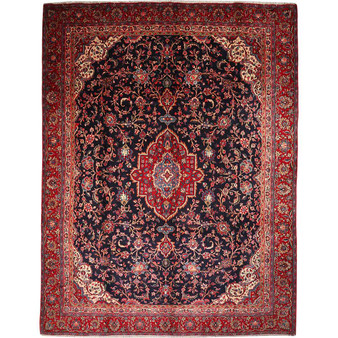 Hamadan Persian Rug 12x9 ft - Semi Antique Afshan Red, Blue Hand Knotted | front view | SKU 111946