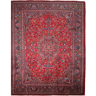 Mashad Persian Rug 12'6" x 9'6" - Semi Antique Medallion Crimson, Ultramarine Hand Knotted | front view | SKU 111947