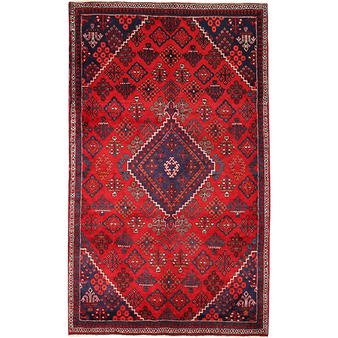 Josheghan Persian Rug 8'7" x 5'2" - Semi Antique Geometric Crimson, Navy Blue Hand Knotted | front view | SKU 111948