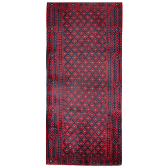 Baluch Persian Rug 8x3 ft - Semi Antique Mihrab Red, Blue Hand Knotted | front view | SKU 111949