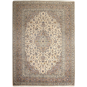 Ardekan Persian Rug 11x8 ft - Semi Antique Medallion Toranj Shah Abbasi Cream Camel Navy Blue Hand Knotted | front view | SKU 111950