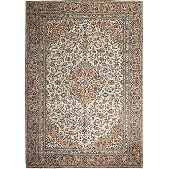 Kashan Persian Rug 12x8 ft - Semi Antique Shah Abbasi, Medallion (Toranj) Cream, Camel, Brown Hand Knotted | front view | SKU 111951