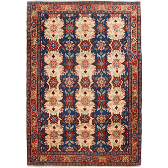 Varamin Persian Rug 5x3 ft - Semi Antique Afshan All-Over, Shah Abbasi Cream, Navy Blue, Madder Red Hand Knotted | front view | SKU 111952