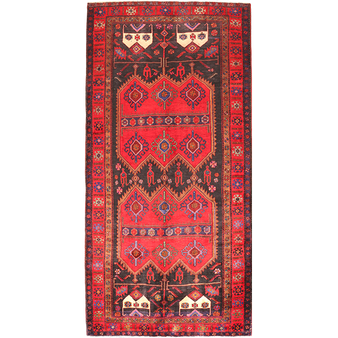 Bijar Persian Rug 10'7" x 5'1" - Semi Antique Medallion Crimson, Navy Blue Hand Knotted | front view | SKU 111953