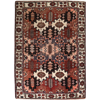 Bakhtiari Persian Rug 9x7 ft - Semi Antique Geometric, Tribal and Nomadic Madder Red, Cream, Dark Red Hand Knotted | front view | SKU 111954