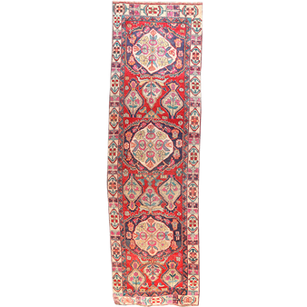 Ardabil Persian Rug 12x3 ft - Semi Antique Medallion (Toranj), Geometric Red, Cream, Navy Blue Hand Knotted | front view | SKU 112002