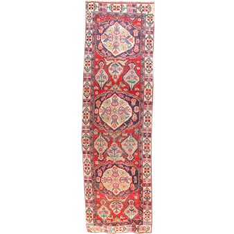 Ardabil Persian Rug 12'10" x 3'9" - Semi Antique Medallion Turquoise, White Hand Knotted | front view | SKU 112002