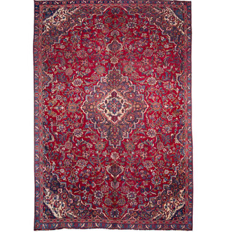 Mashad Persian Rug 10x6 ft  Semi Antique Medallion Crimson, Ultramarine Hand Knotted | front view | SKU 110007