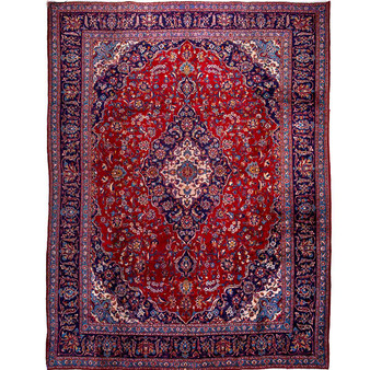 Kashan Persian Rug 13x9 ft - Semi Antique Medallion (Toranj), Shah Abbasi Crimson, Navy Blue, Cream Hand Knotted | front view | SKU 110102