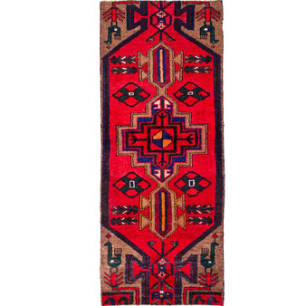 Zanjan Persian Rug 4'9" x 1'10" - Semi Antique Medallion Navy Blue, Crimson Hand Knotted | front view | SKU 110114