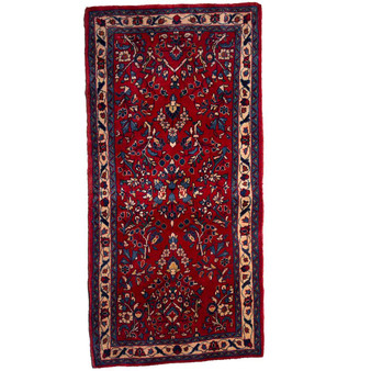 Sarouk Persian Rug 4x2 ft - Semi Antique Medallion Red, Blue Hand Knotted | front view | SKU 110518