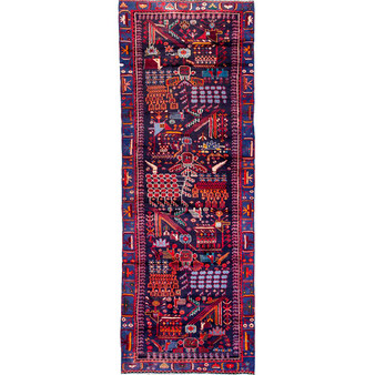 Shahsavan Persian Rug 9x3 ft  Semi Antique Geometric Blue, Crimson Hand Knotted | front view | SKU 111019