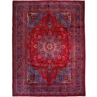 Sabzevar Persian Rug 12'8" x 9'8" - Semi Antique Medallion Crimson, Beige Hand Knotted | front view | SKU 111026