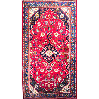 Kashmar Persian Rug 6x3 ft - Semi Antique Shah Abbasi, Medallion (Toranj) Crimson, Persian Blue, Ivory Hand Knotted | front view | SKU 111029
