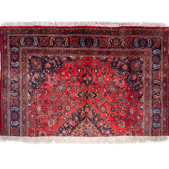 Mashhad Persian Rug 10x6 ft - Semi Antique Shah Abbasi, Medallion (Toranj) Crimson, Navy Blue, Burgundy Hand Knotted | front view | SKU 111211