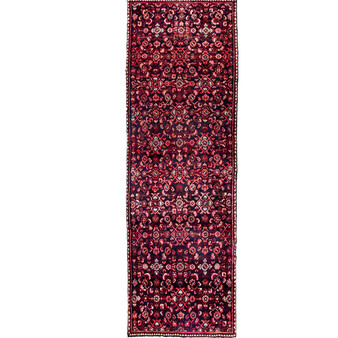 Hamadan Persian Rug 8'10" x 2'9" - Semi Antique Afshan Red, Blue Hand Knotted | front view | SKU 111212