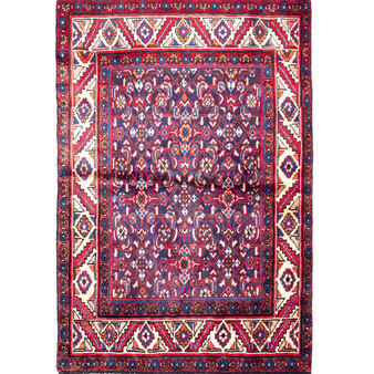 Hamadan Persian Rug 4x3 ft  Semi Antique Afshan Red, Blue Hand Knotted | front view | SKU 111213