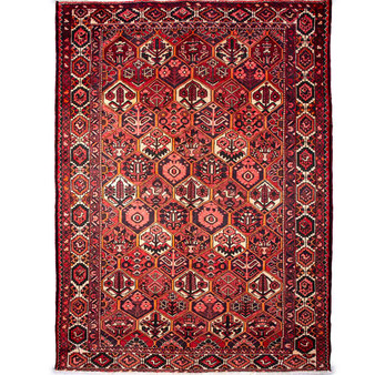 Bakhtiari Persian Rug 9x7 ft  Semi Antique Medallion Blue, Crimson Hand Knotted | front view | SKU 111310