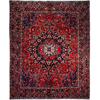 Bakhtiari Persian Rug 12x10 ft - Semi Antique Medallion Geometric Madder Red, Navy Blue, Crimson Hand Knotted | front view | SKU 111337
