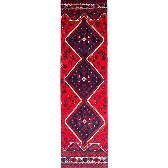 Shiraz Persian Rug 9'10" x 2'7" - Semi Antique Geometric Blue, Red Hand Knotted | front view | SKU 111403