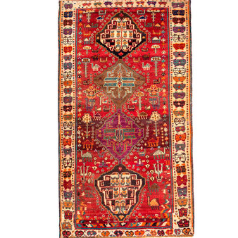 Shiraz Persian Rug 6'11" x 3'7" - Semi Antique Geometric Blue, Red Hand Knotted | front view | SKU 111404
