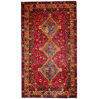 Shiraz Persian Rug 8x5 ft - Semi Antique Geometric Blue, Red Hand Knotted | front view | SKU 111414