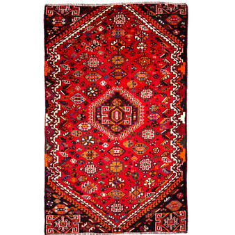 Shiraz Persian Rug 7x4 ft - Semi Antique Medallion Toranj Geometric Madder Red Crimson Burgundy Hand Knotted | front view | SKU 111416