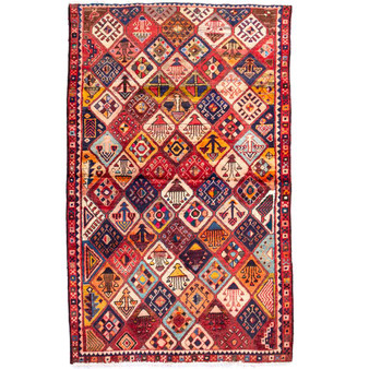 Shiraz Persian Rug 6'11" x 4'2" - Semi Antique Geometric Blue, Red Hand Knotted | front view | SKU 111419