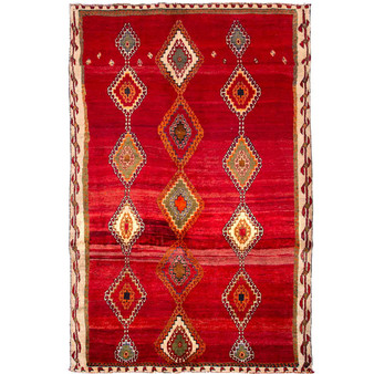 Qashqai Persian Rug 8'10" x 5'7" - Semi Antique Geometric Crimson, Blue Hand Knotted | front view | SKU 111422