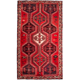 Shiraz Persian Rug 8'0" x 4'5" - Semi Antique Geometric Blue, Red Hand Knotted | front view | SKU 111431