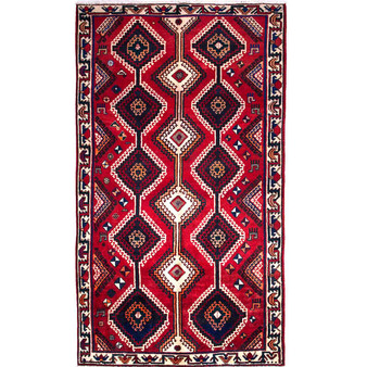 Lori Persian Rug 9x5 ft - Semi Antique Geometric Red, Brown Hand Knotted | front view | SKU 111434