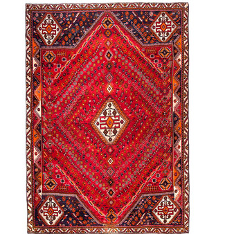 Shiraz Persian Rug 9'10" x 6'7" - Semi Antique Geometric Blue, Red Hand Knotted | front view | SKU 111438