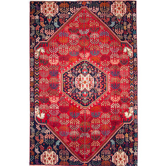 Shiraz Persian Rug 8x5 ft - Semi Antique Geometric Blue, Red Hand Knotted | front view | SKU 111439